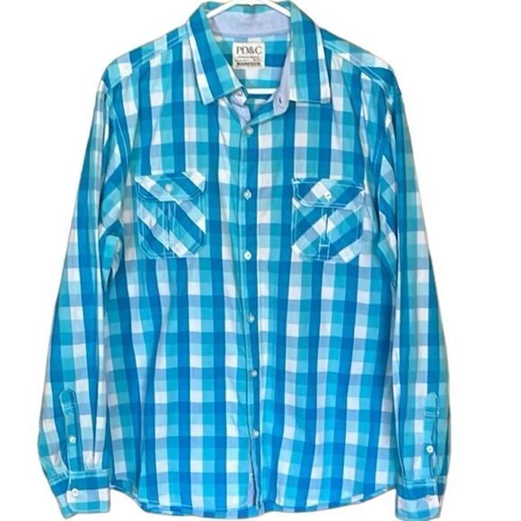 PD&C men’s shirt Size XL long sleeve blue checkered button front‎ chest pockets - Picture 1 of 9